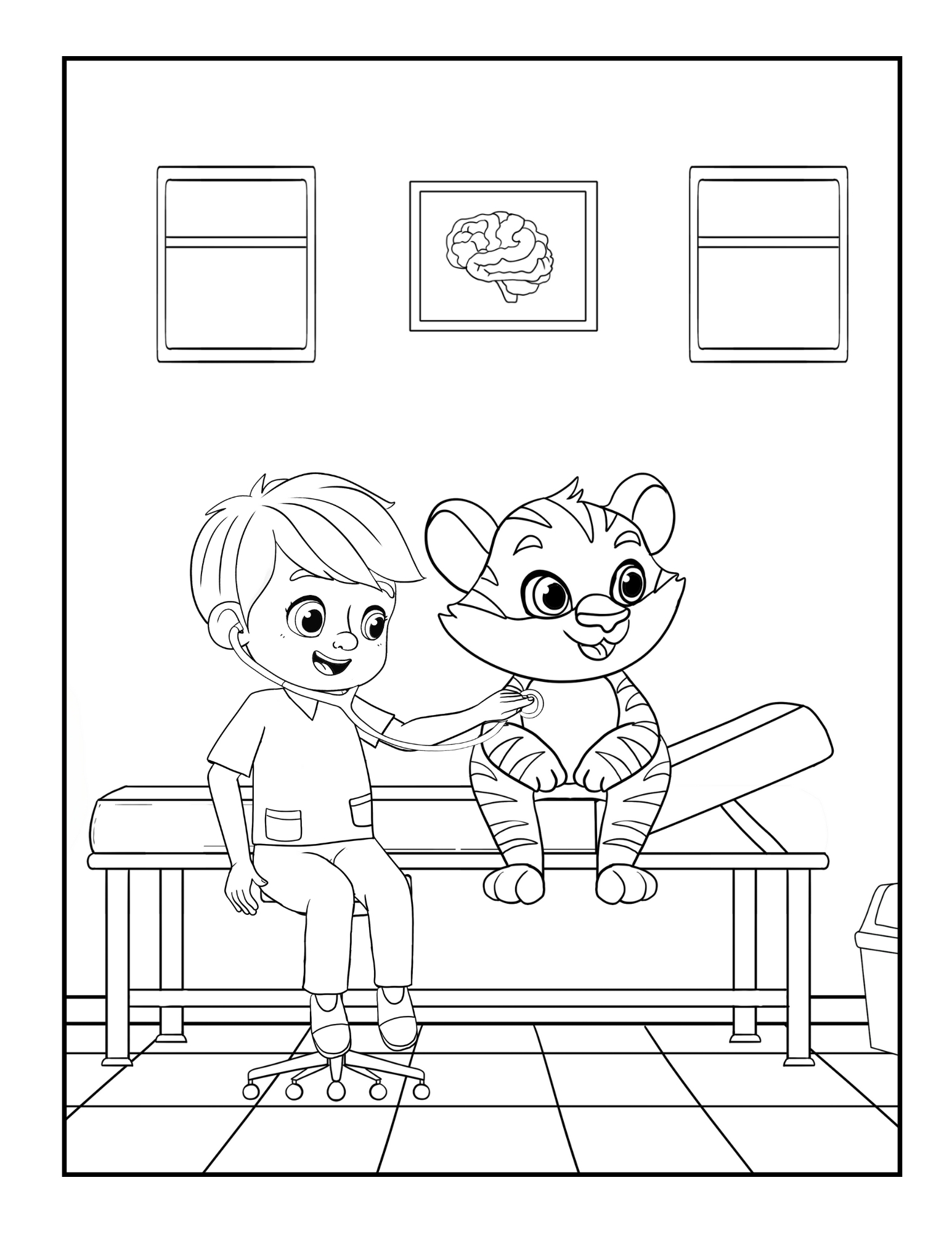 colouring page with images of a kid doctor and animal patient