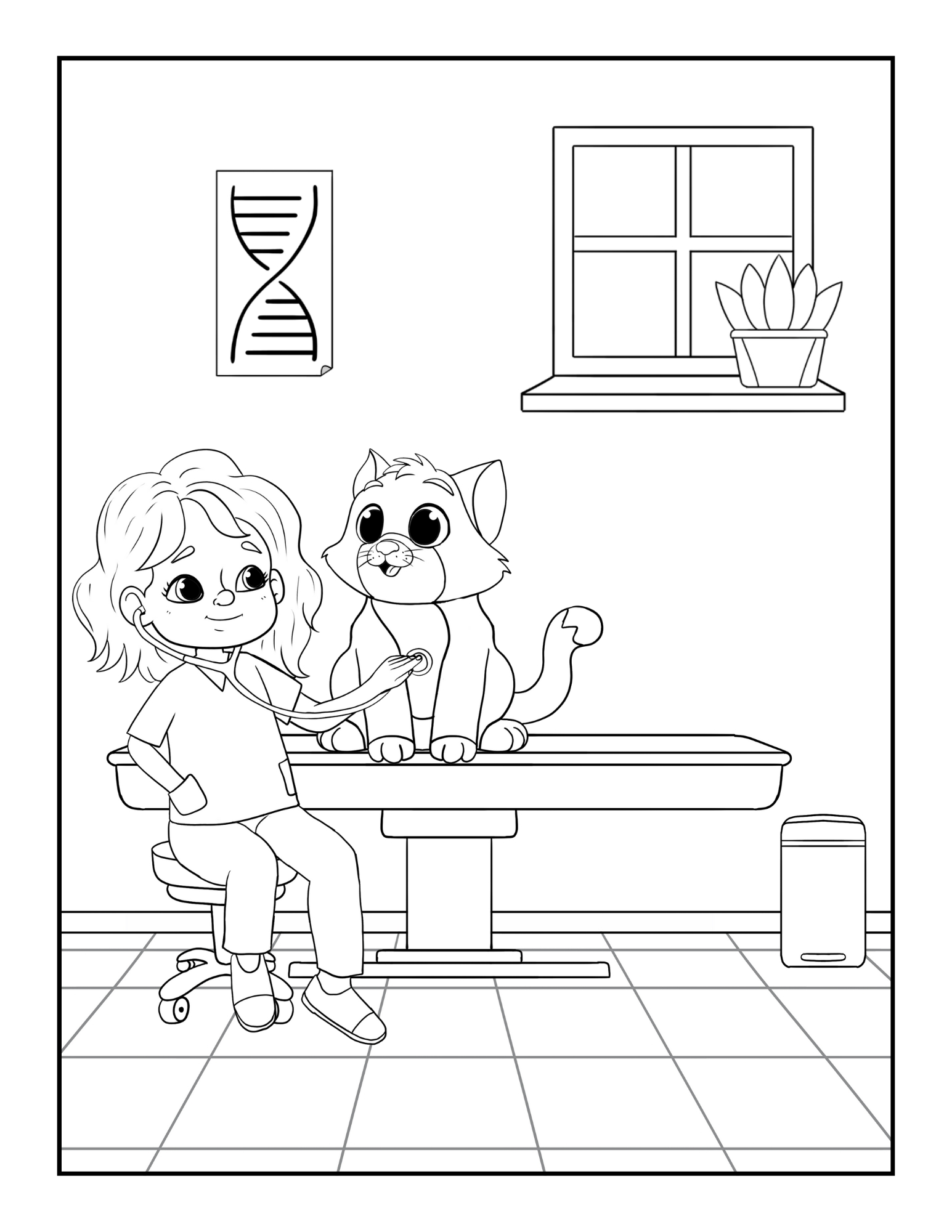 colouring page with images of a kid doctor and animal patient