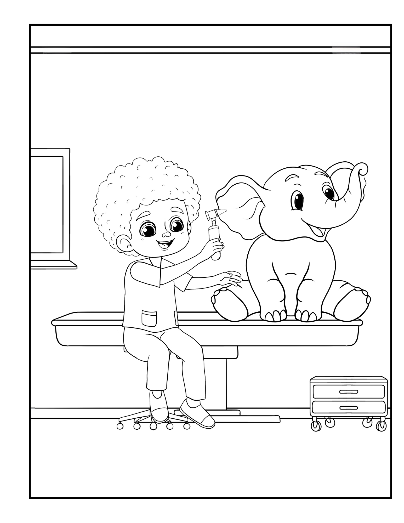 colouring page with images of a kid doctor and animal patient