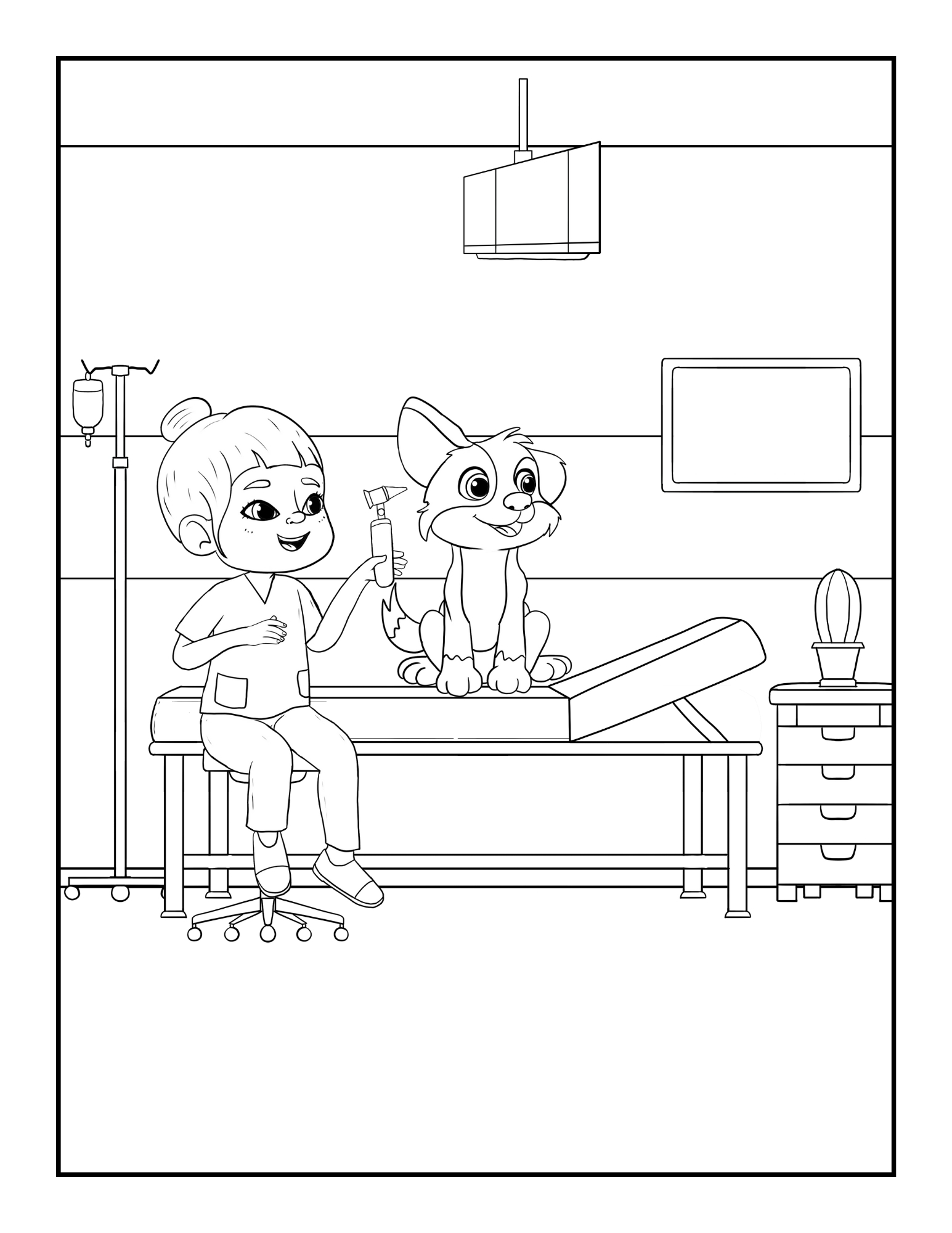 colouring page with images of a kid doctor and animal patient