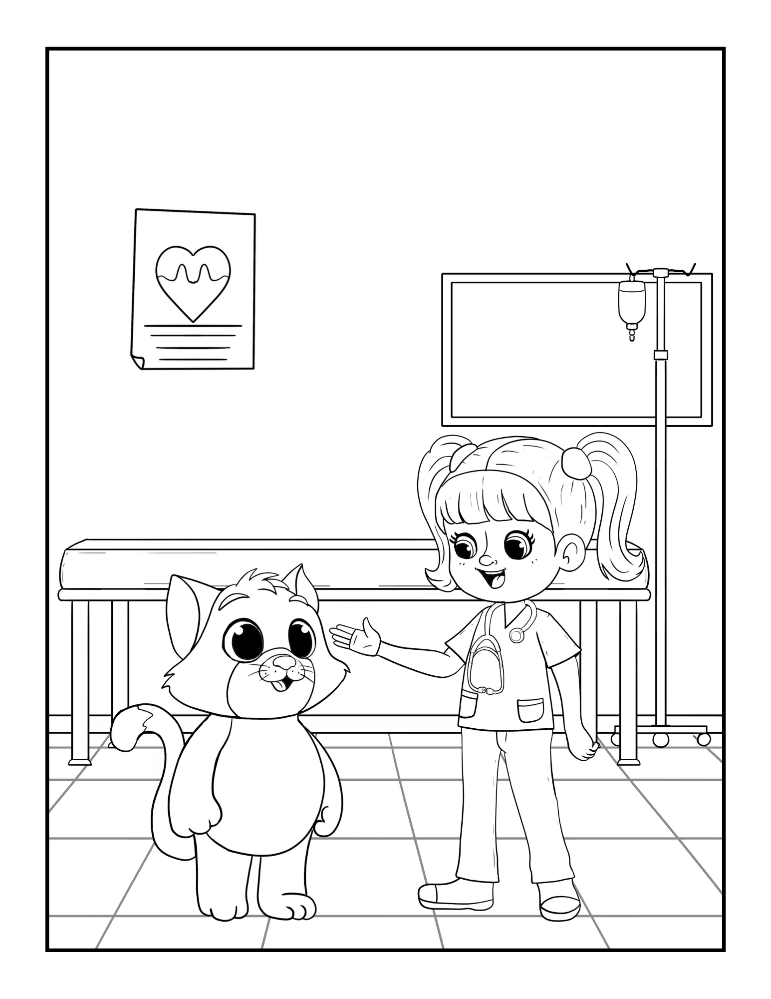 colouring page with images of a kid doctor and animal patient