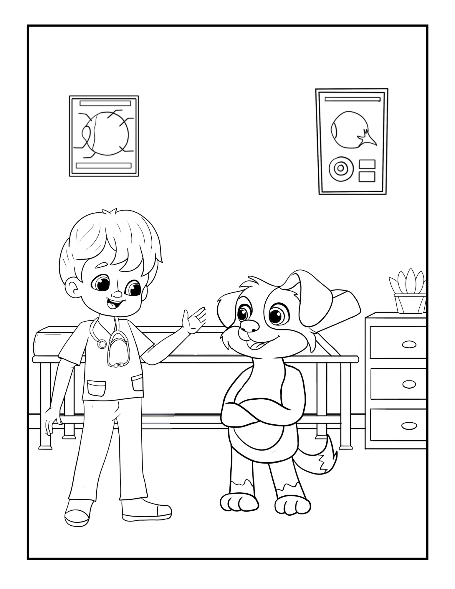 colouring page with images of a kid doctor and animal patient